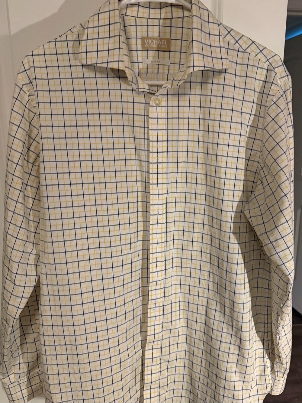Michael Kors White, Blue and Yellow Checked Dress Shirt Slim Fit Medium